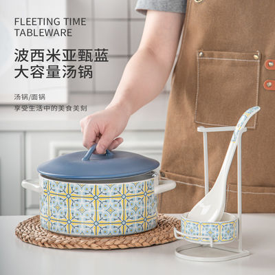 Double Ear Noodle Salad Bowl With Lid Dinnerware Soup Noodle Bowl Set Ceramic Soup Pot