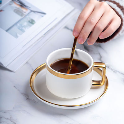 Matte White Ceramic Porcelain Coffee Tea Cups Saucers Sets With Gold Handle 250ml Volume